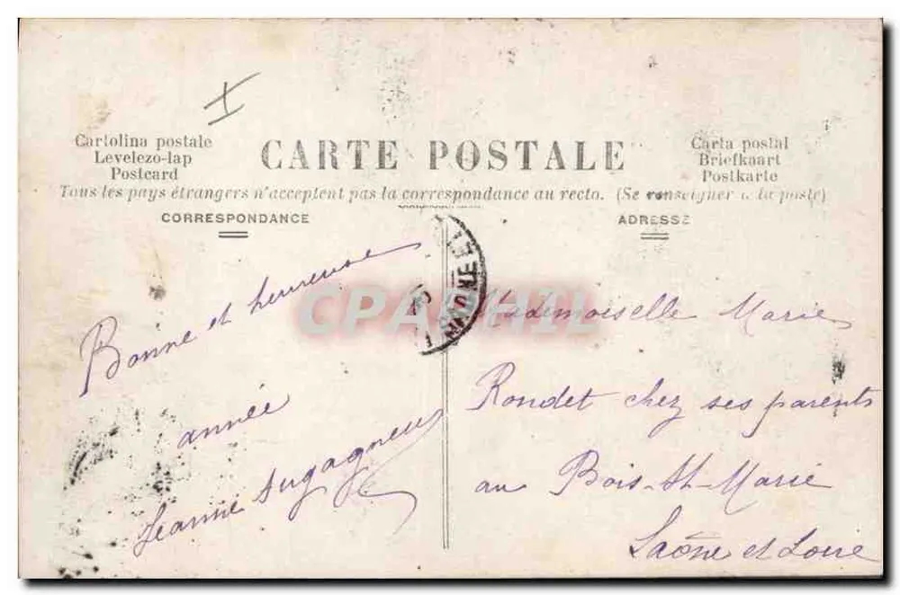 Jovem mulher vestindo um vestido colorido segurando um buquê — texto impresso e manuscrito — editor M.T.L. n° 9430 - Verso