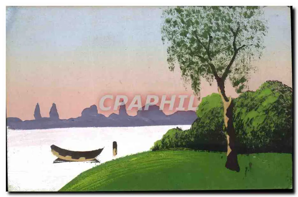 Landschaft am See mit Boot — unbekannter Verlag, Seriennummer nicht sichtbar - Vorderseite
