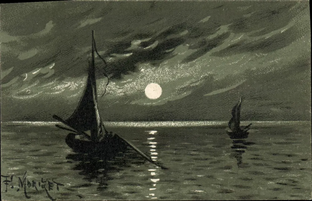 Nacht auf dem Meer — zwei Segelschiffe unter dem Mond — F. Moriger - Vorderseite