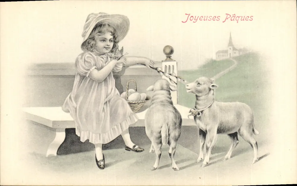Mädchen, das Eier an Schafe gibt — Frohe Ostern — Serie 416 - Vorderseite