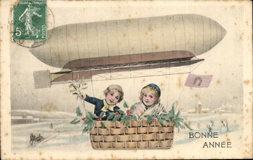 Deux enfants dans un ballon dirigeable — scène hivernale — éditeur H. H. W. Nr. 556 - Frente
