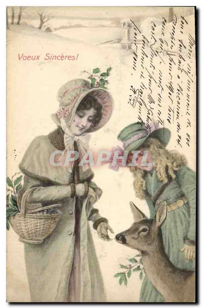 Zwei junge Frauen und ein Hirsch — Voeux Sincères — M. M. Vienne, Nr. 203 - Vorderseite