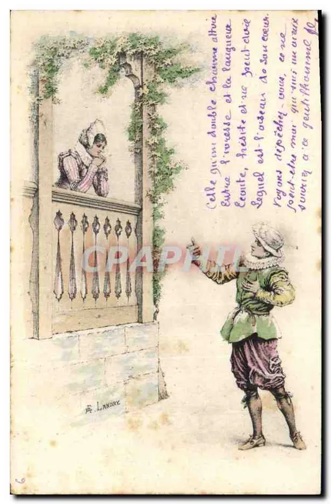 Junge Mann und junge Frau am Balcony — Renaissance-Szene — Verleger Landore, Nr. 5 - Vorderseite