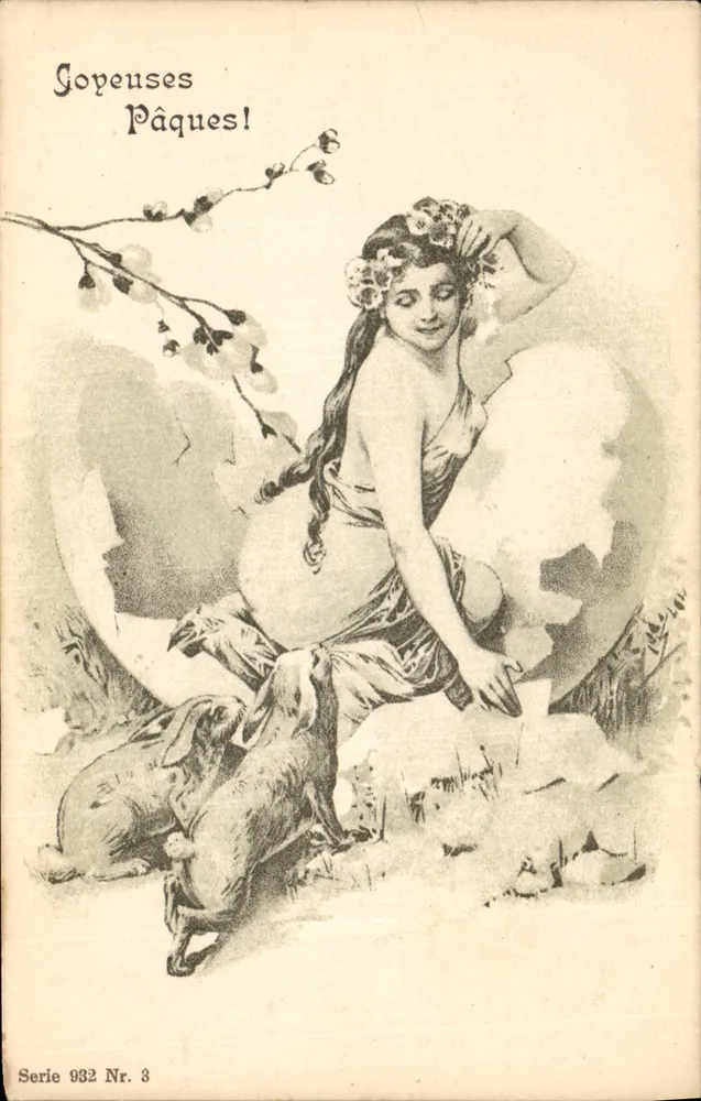 Ostern-Fest — junge Frau mit Hasen — Serie 932 Nr. 3 - Vorderseite