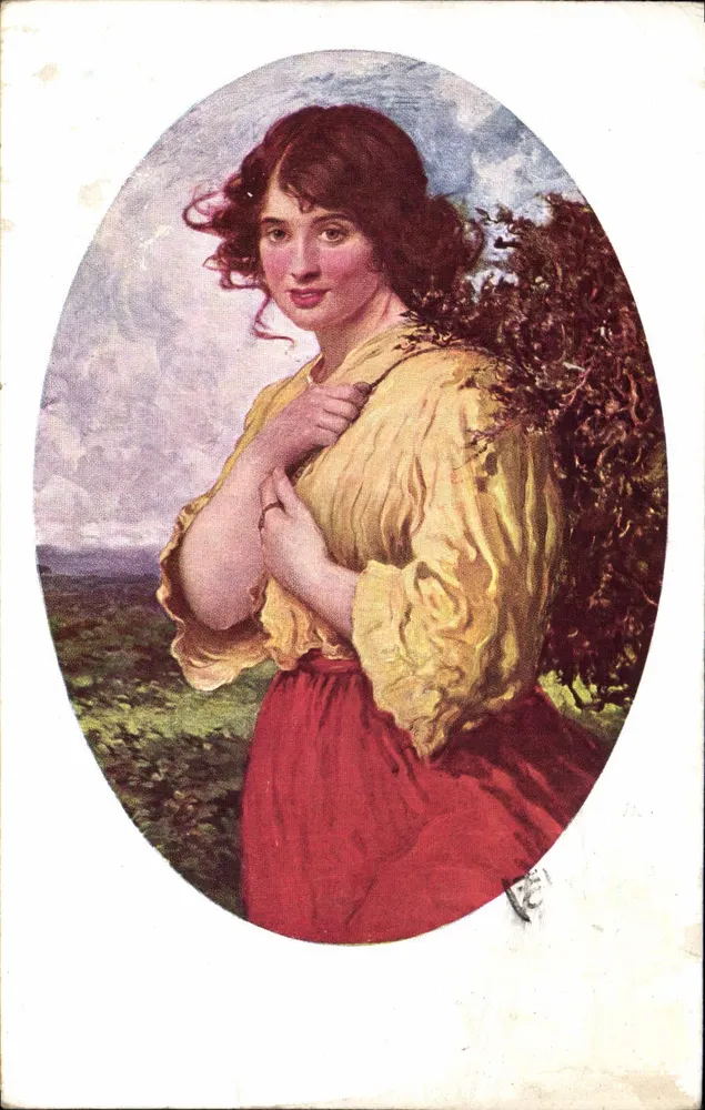 Junge Frau in rotem und gelben Kleid — Illustration — M. M. VIENNE, M. M. MUNK - Vorderseite