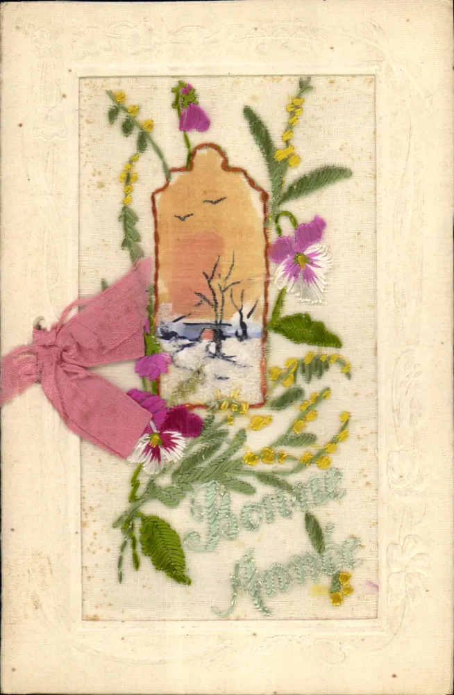 Carta postal bordada — Boa Ano — decoração de flores e paisagem invernal — sem editor ou número visível - Frente