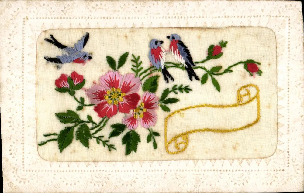 Aves e flores — cartão postal bordado — editor Cartolina Postale, n° A - Frente
