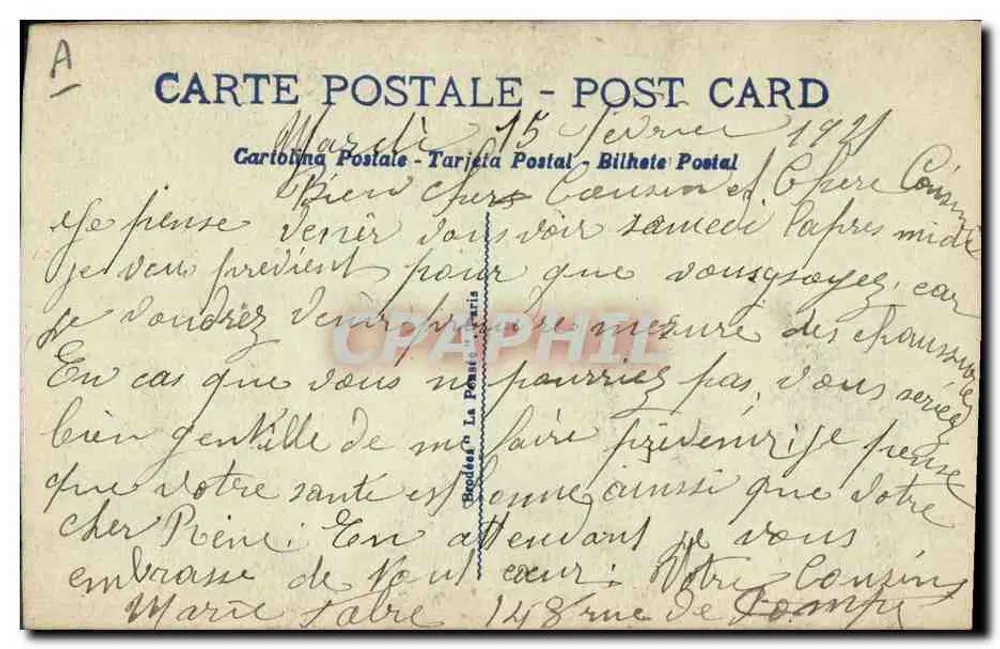 Aves e flores — cartão postal bordado — editor Cartolina Postale, n° A - Verso