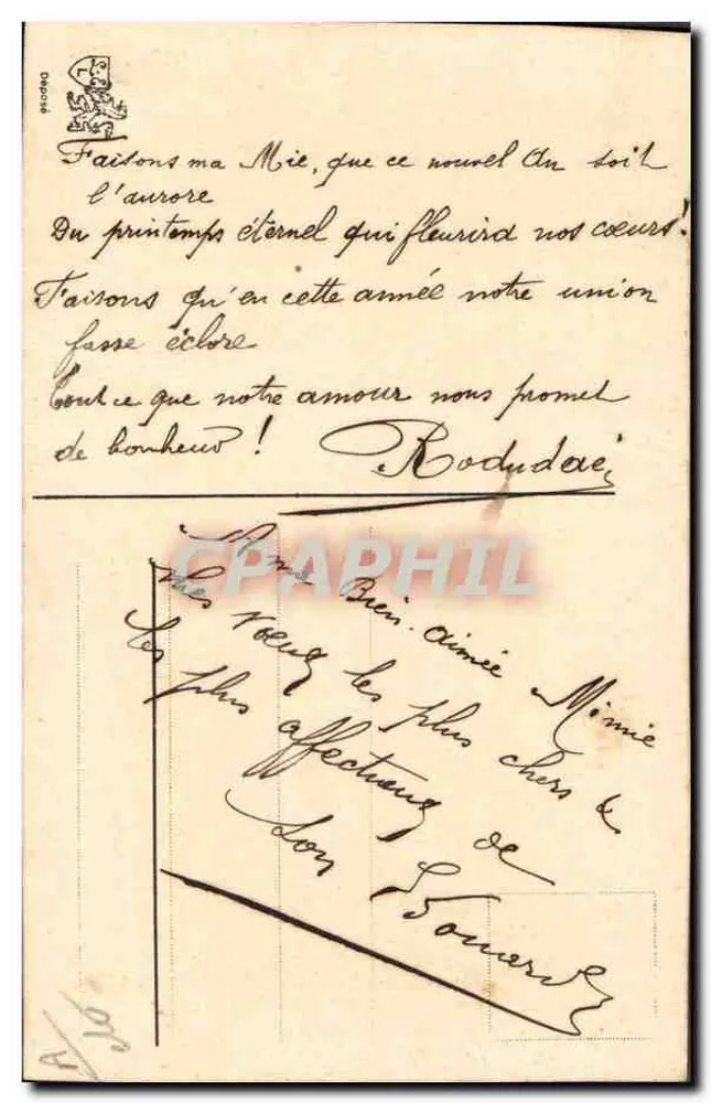 Carta de boas-vindas bordada — Boa Ano — editor Déposé - Verso