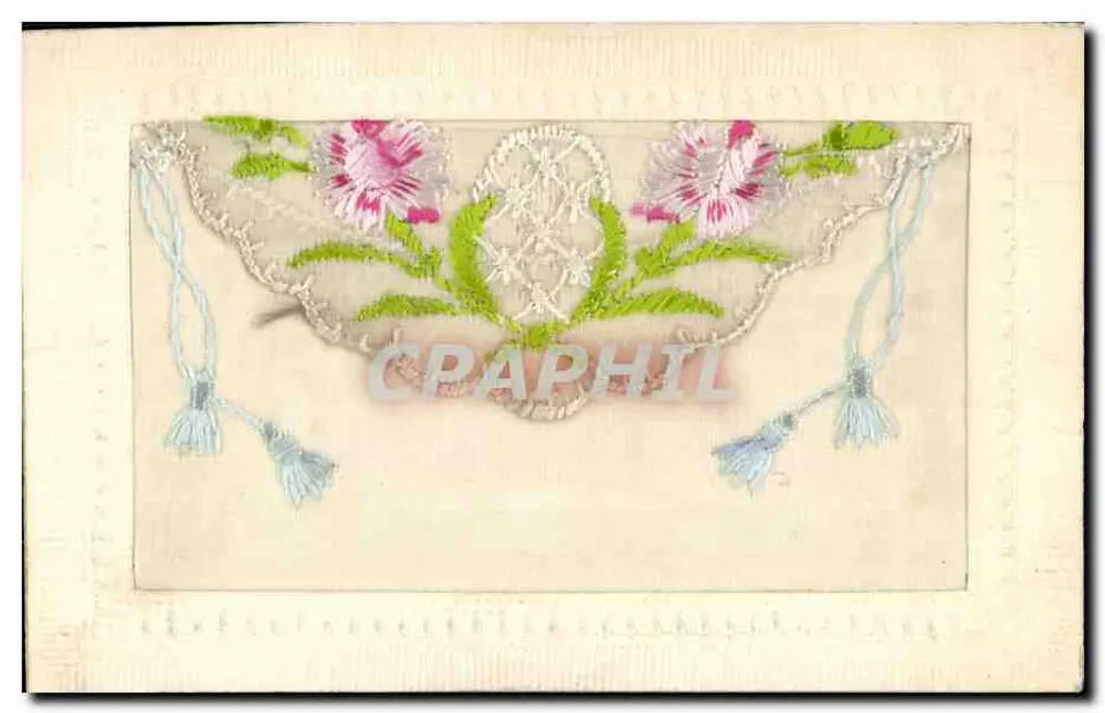 Carta postal decorativa — motivo bordado com flores rosas e franzis cos azuis — editor desconhecido - Frente