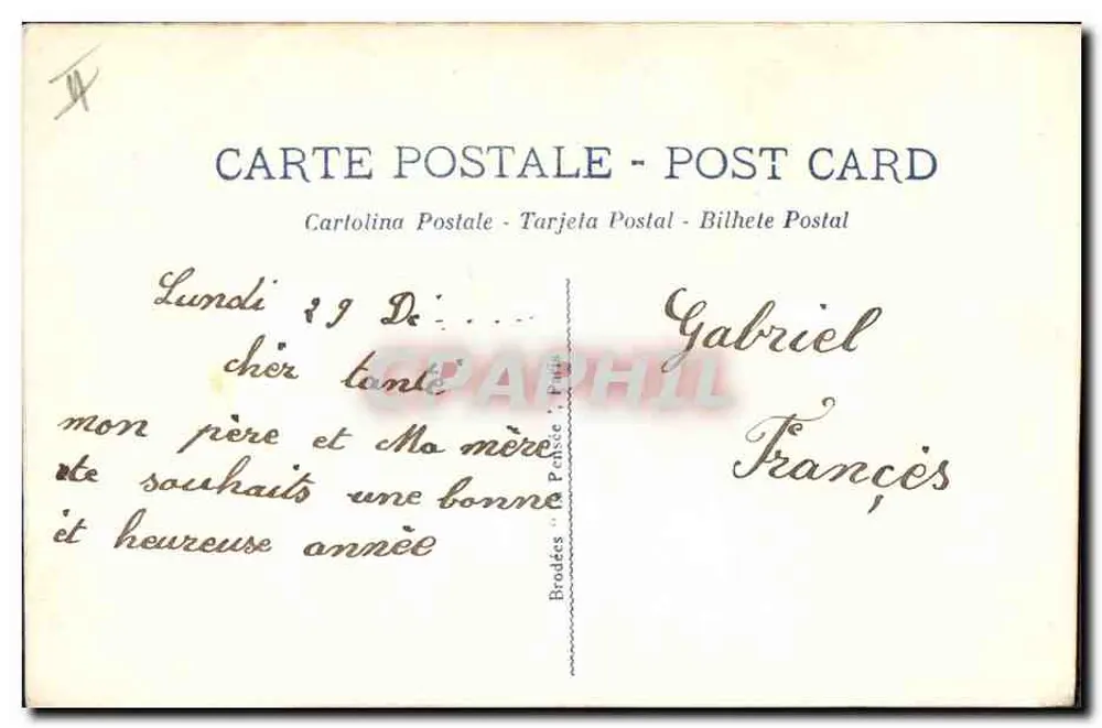 Flor e fita bordada — carta postal multilíngue — editor não identificado - Verso