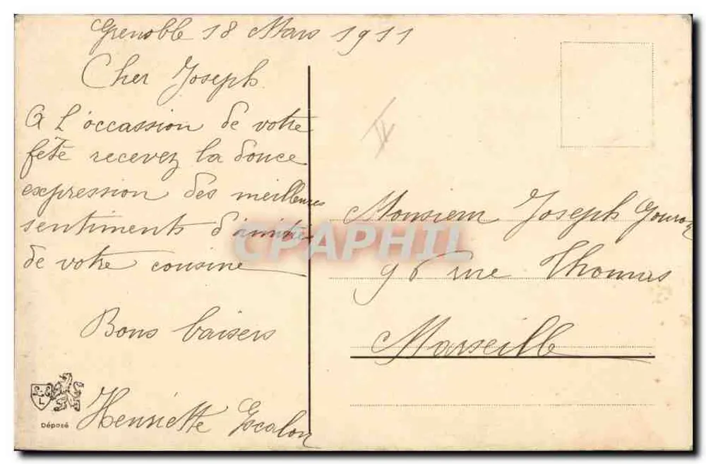 Boa Festa — Carta postal bordada — Genebra, 18 de março de 1911 - Verso
