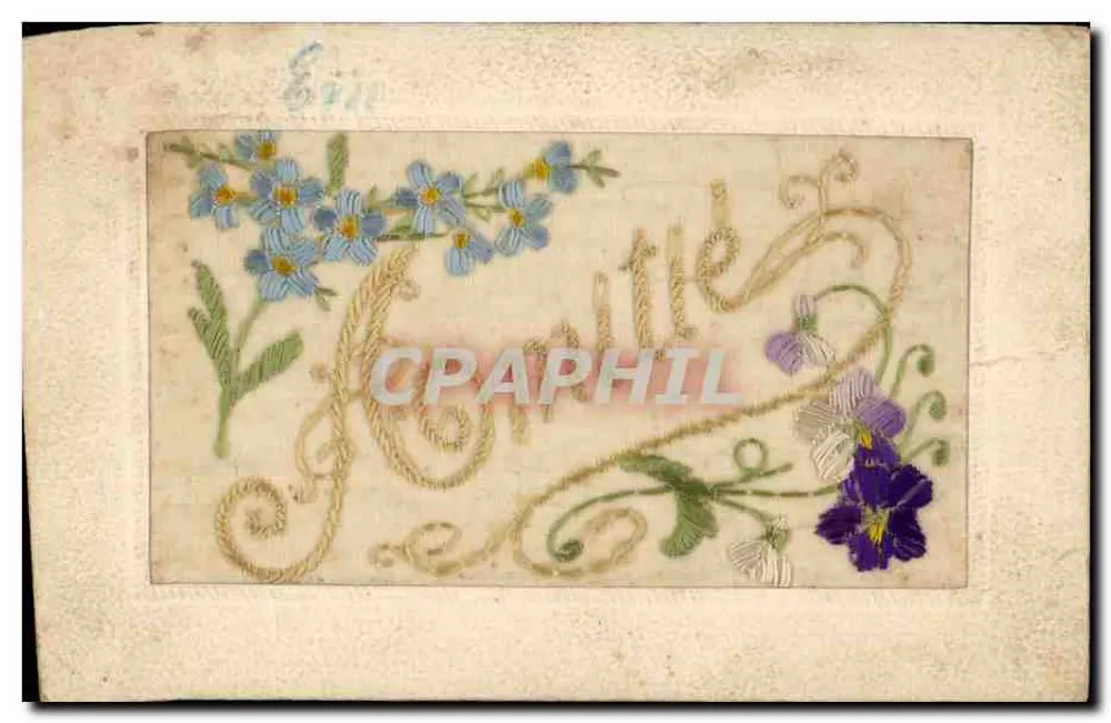 Carta postal bordada — flores e ornamentos — sem editor nem número visível - Frente