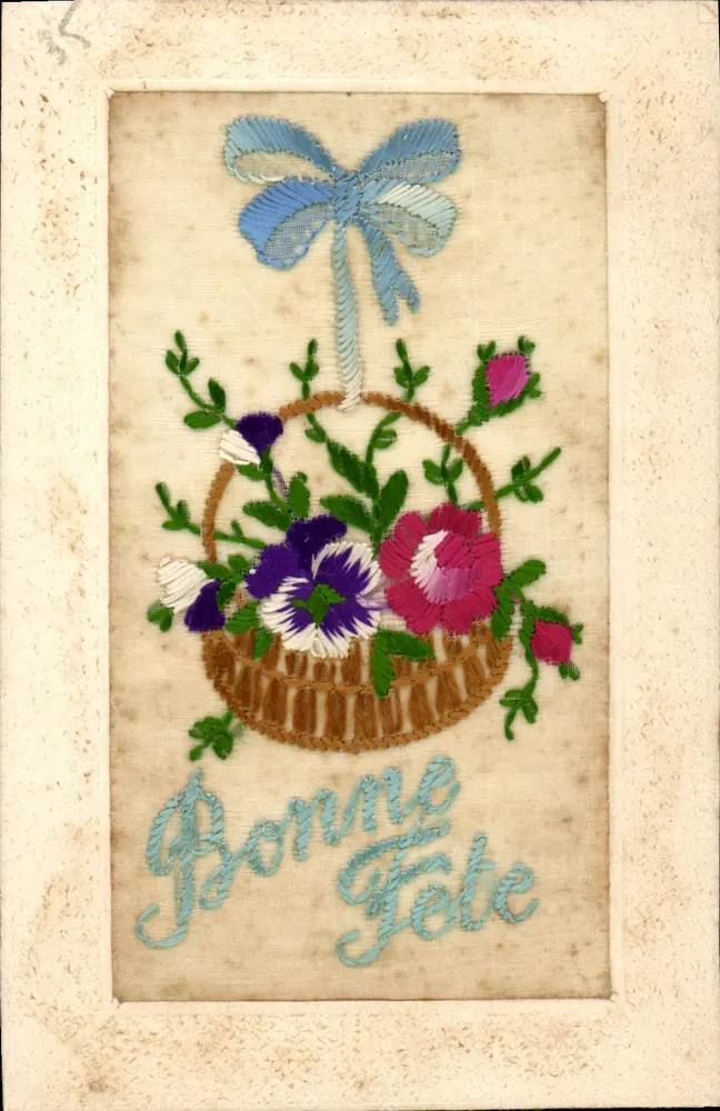 Buquê de flores em um cesto — Boa Festa — cartão postal bordado - Frente