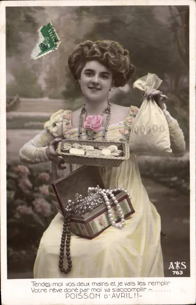 Poisson d'Avril — mulher segurando um cesto de moedas, uma bolsa e um cofre de joias — editor A&S n°763 - Frente