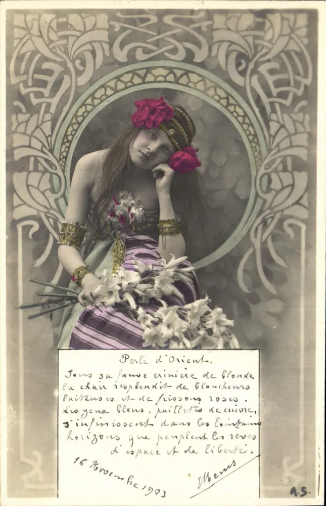 Jovem mulher oriental — Poema e assinatura — A.S. - Frente