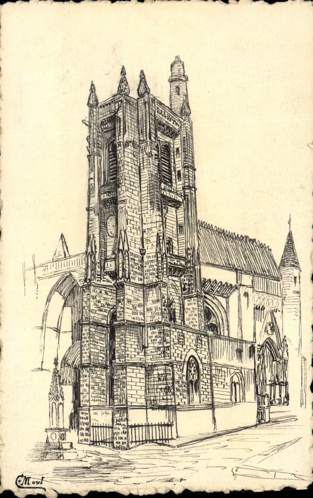 Iglesia de Moustiers — dibujo al trazo — firmado por M. Moul - Anverso