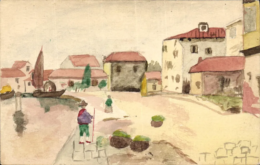 Ansicht eines Flussdorfes — Aquarellzeichnung — Ansichtskarte Nr. III - Vorderseite