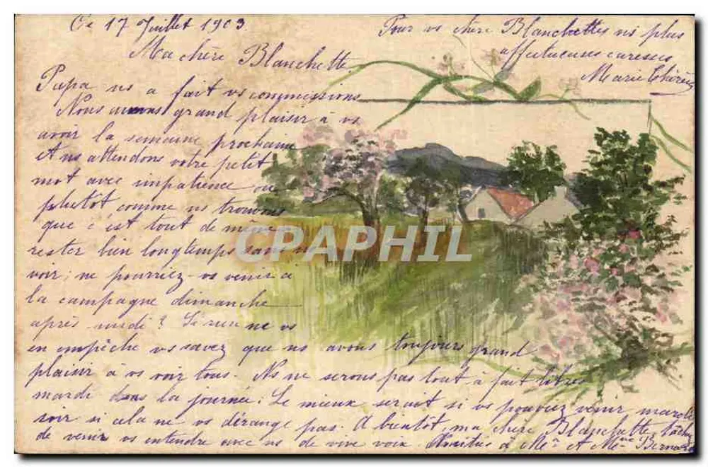 Landschaft mit Blumen — datierte Ansichtskarte vom 17. Juli 1909 — Verlag nicht sichtbar - Vorderseite