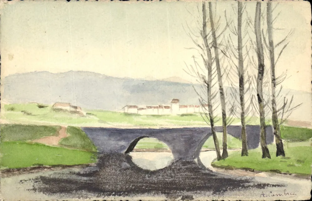 Landschaft mit Brücke — A. Cambre — Aquarellzeichnung - Vorderseite
