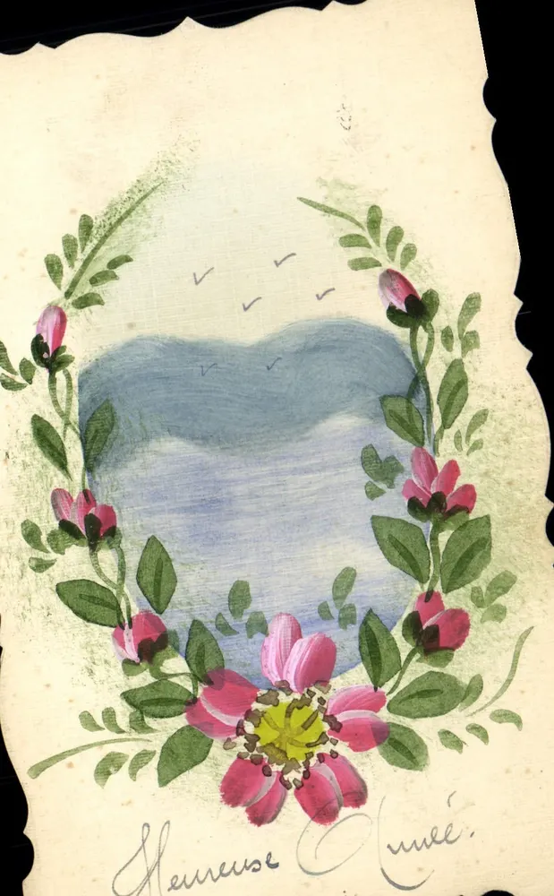 Blüten und Vögel — 'Glückliches Jahr' — Ansichtskarte Nummer 39 - Vorderseite