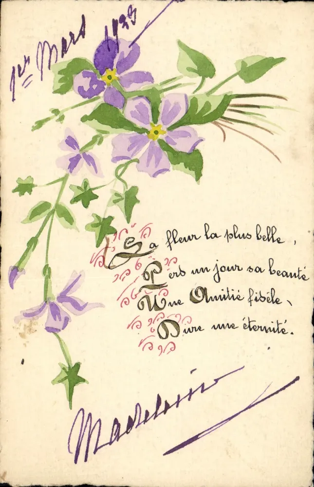 Violette Blumen — handschriftliches Gedicht — datiert 1. März 1909 — Unterschrift 'Madelais' - Vorderseite