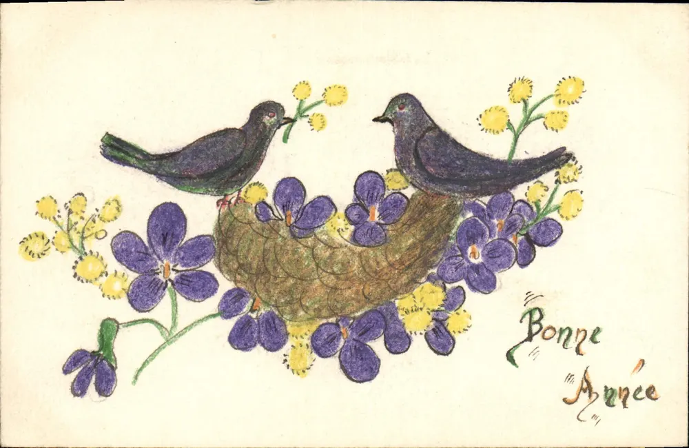 Zwei Vögel in einem Nest — Mimosen- und Irisblüten — Text 'Guten Jahresbeginn' - Vorderseite