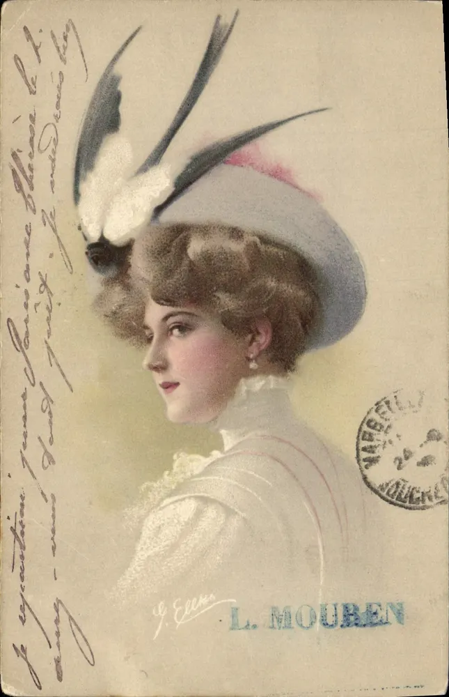Jeune femme en chapeau à plumes — portrait colorisé — éditeur L. MOUREN - Vorderseite