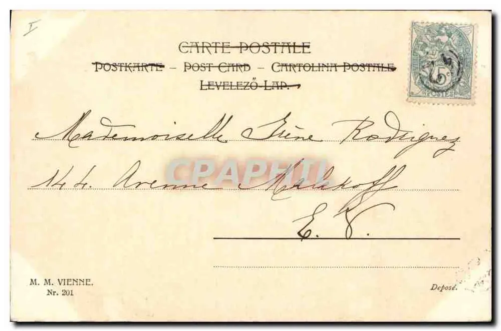 Arranjo de hortência e louro — Carta de vœux 1905 — M.M. Viena, n° 201 - Verso