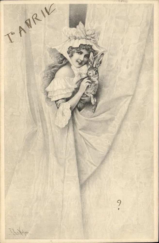 Junge Frau in Röckchen mit Schmetterlingsverzierung, hält ein Kaninchen — T.ª Anórik, Verlag M. M. Vienne, Nr. 138 - Vorderseite