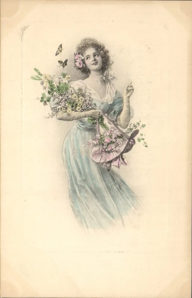 Junge Frau mit Blumenstrauß und Schmetterlingen — M. M. Vienne, n° 276 - Vorderseite