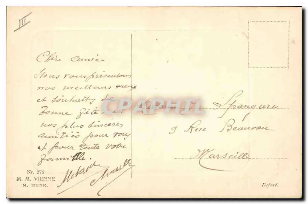 Frau in blauer Robe mit Blumenstrauß — Frohe Geburtstage — Verleger M. M. MUNK, Nr. 276 - Rückseite