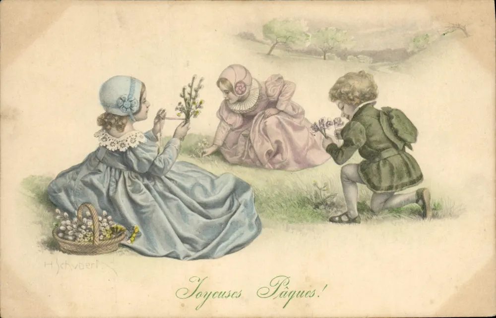 Kinder, die Blumen pflücken — H. Schubert — M. M. Wien, Nr. 354 - Vorderseite