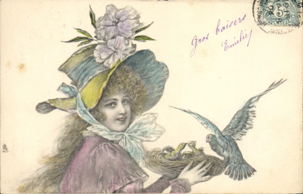 Junge Frau mit Vögeln — Serie 358 — Verlag Tuck & Co, Paris - Vorderseite