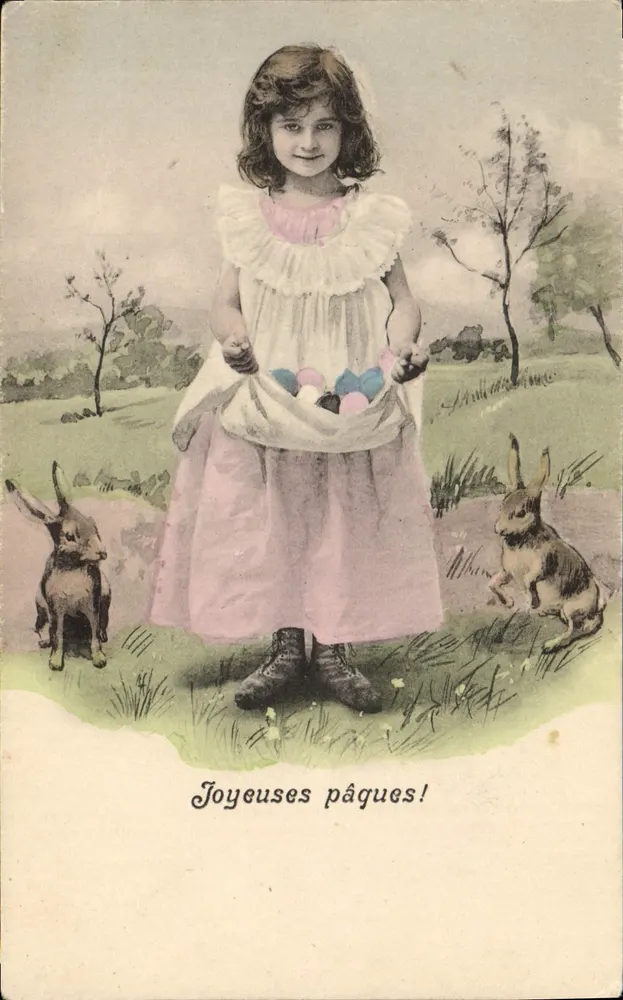 Mädchen mit Hasen und Ostereiern — Frohe Ostern! - Vorderseite