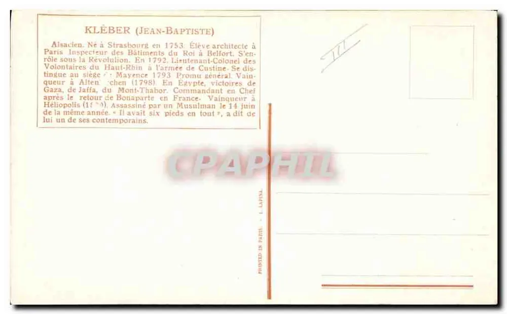 Kléber (Jean-Baptiste) — französischer Militärbeamter — L. Lapina - Rückseite
