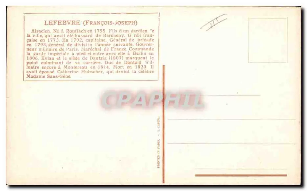 General Le Febvre — François-Joseph — Verlag L. Lapisa, Paris - Rückseite