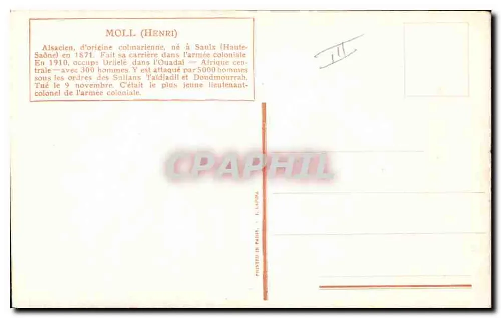 Kolonialsoldat in Zentralafrika — Henri Moll — Verlag L. Lalinà, gedruckt in Paris - Rückseite