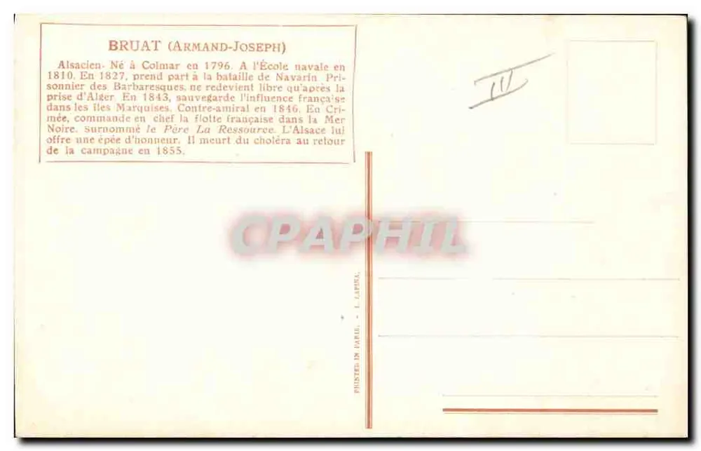 Bruat (Armand-Joseph) — Seemann und französischer Admiral — Verleger L. Vallin - Rückseite