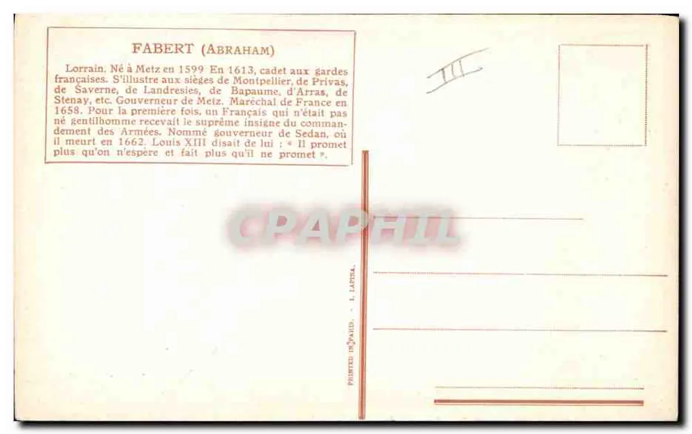 Fabert (Abraham) — Französischer General — Verleger L. Lapida, Paris - Rückseite