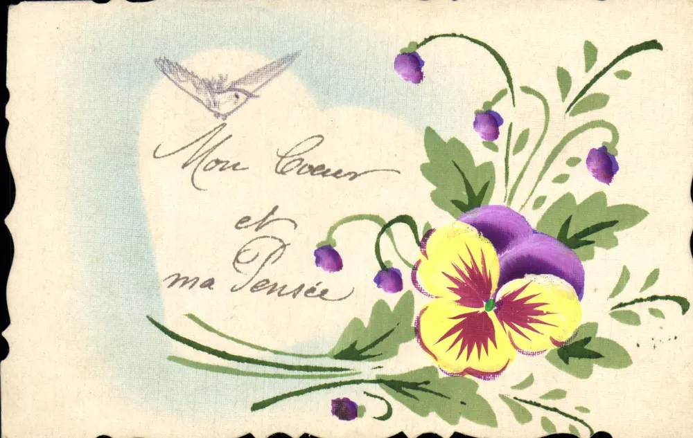 Blumen und Vogel — 'Mein Herz und mein Gedanke' — dekorative Postkarte - Vorderseite