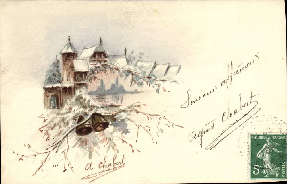 Schneeviertel — Blick auf Kirchturm und Dächer — Verlag nicht sichtbar - Vorderseite