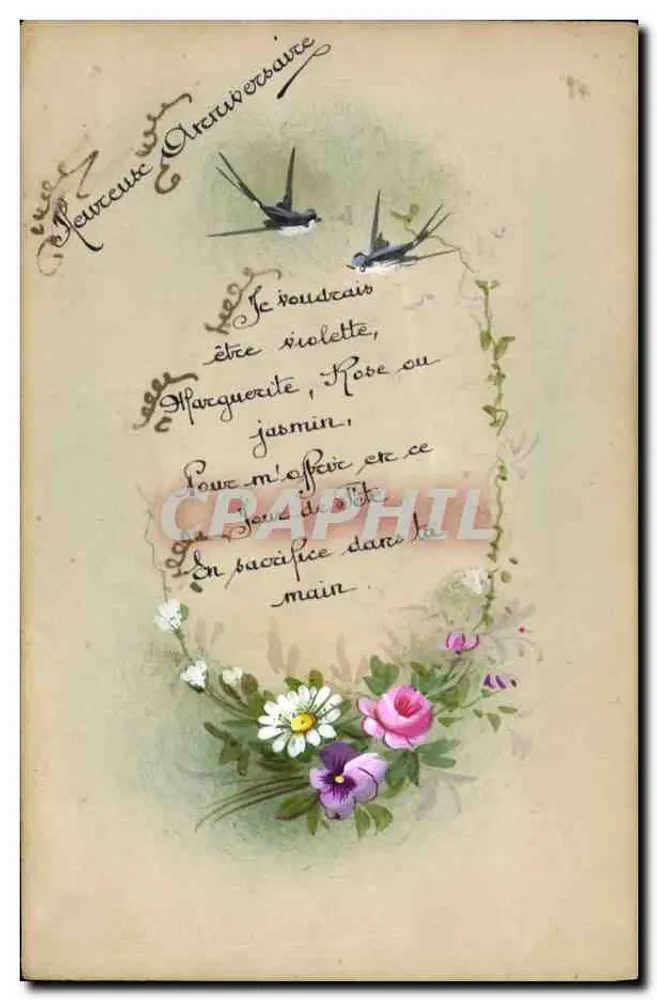 Ansichtskarte mit Dekoration — Vögel und Blumen — poetischer Text — Rückseite mit handschriftlicher Nachricht und Datum - Vorderseite