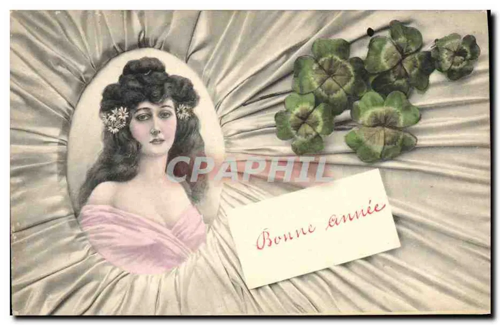 Junge Frau — mit Kleeblättern und der Nachricht 'Bonne année' — A.S. W. Serie 331 - Vorderseite