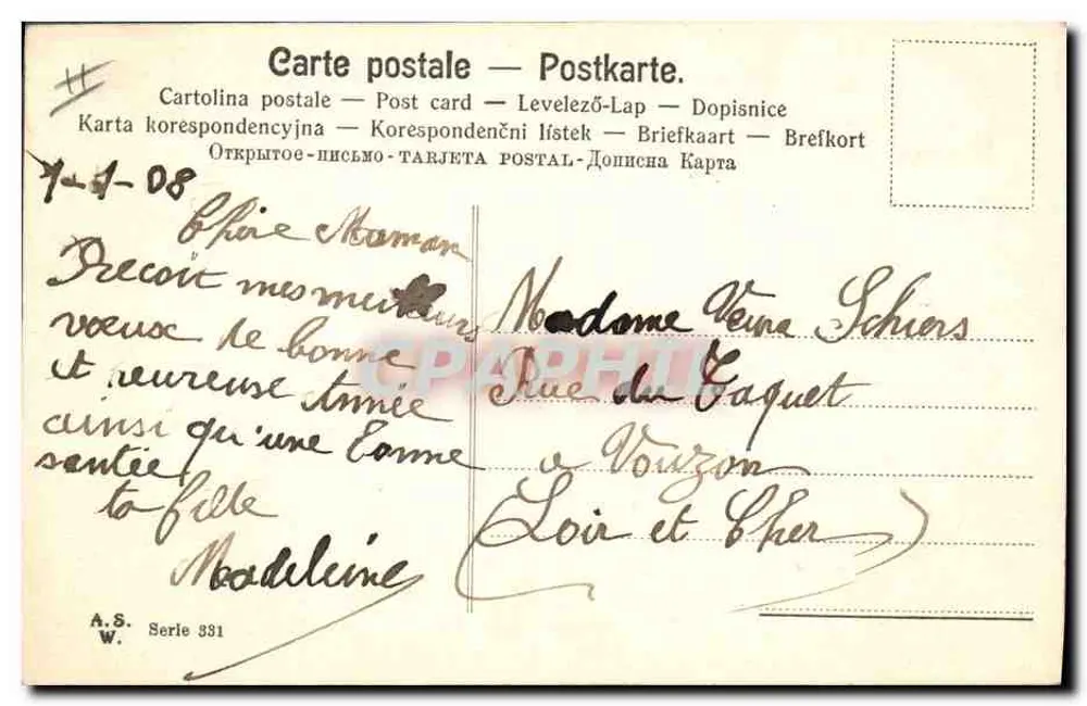 Junge Frau — mit Kleeblättern und der Nachricht 'Bonne année' — A.S. W. Serie 331 - Rückseite