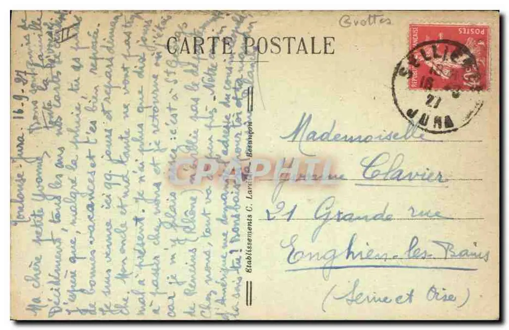 Eingang zu den Grotten von Baume-les-Messieurs — Pittoreske Stätten der Franche-Comté — Serie 1508 - Rückseite