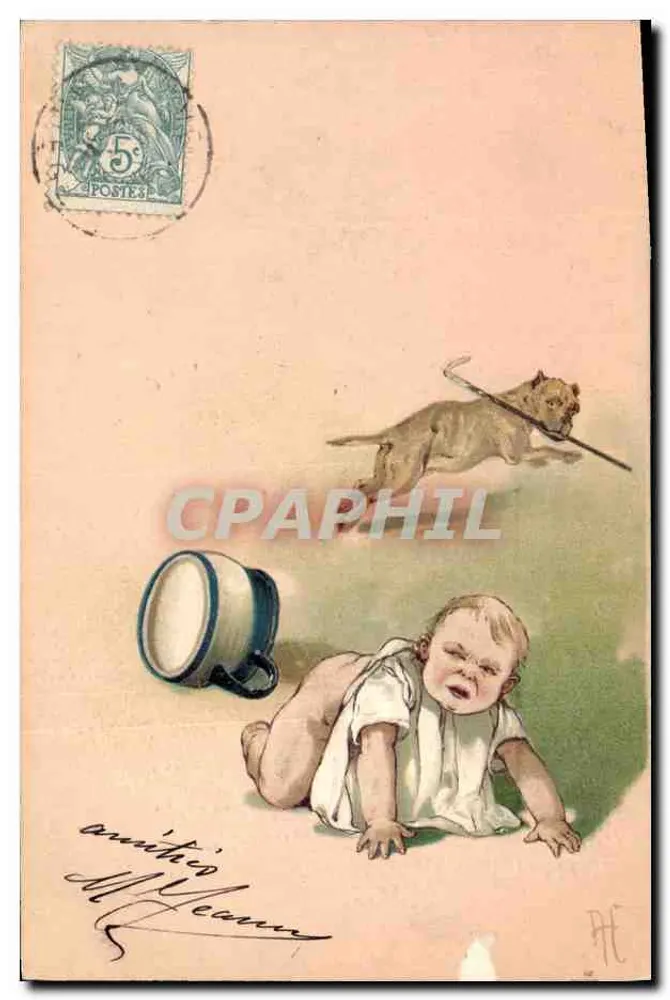 Enfant et chien — scène de jardin — éditeur P.H.E. (imprimé sur la carte) - Vorderseite