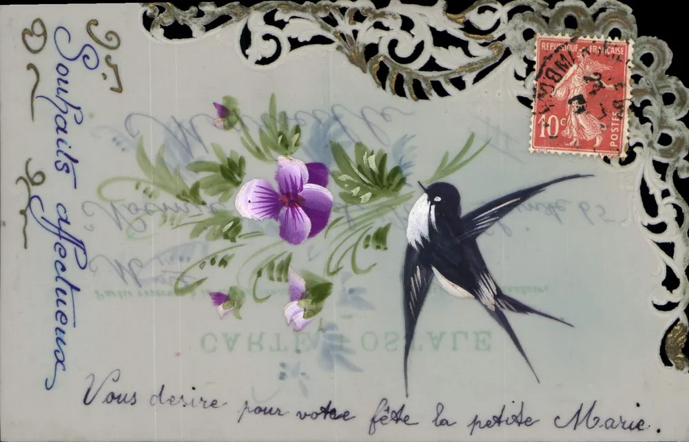 Ave e violetas — Carta postal decorativa — Editor: Éd. C. L. B. (Marseille) - Frente