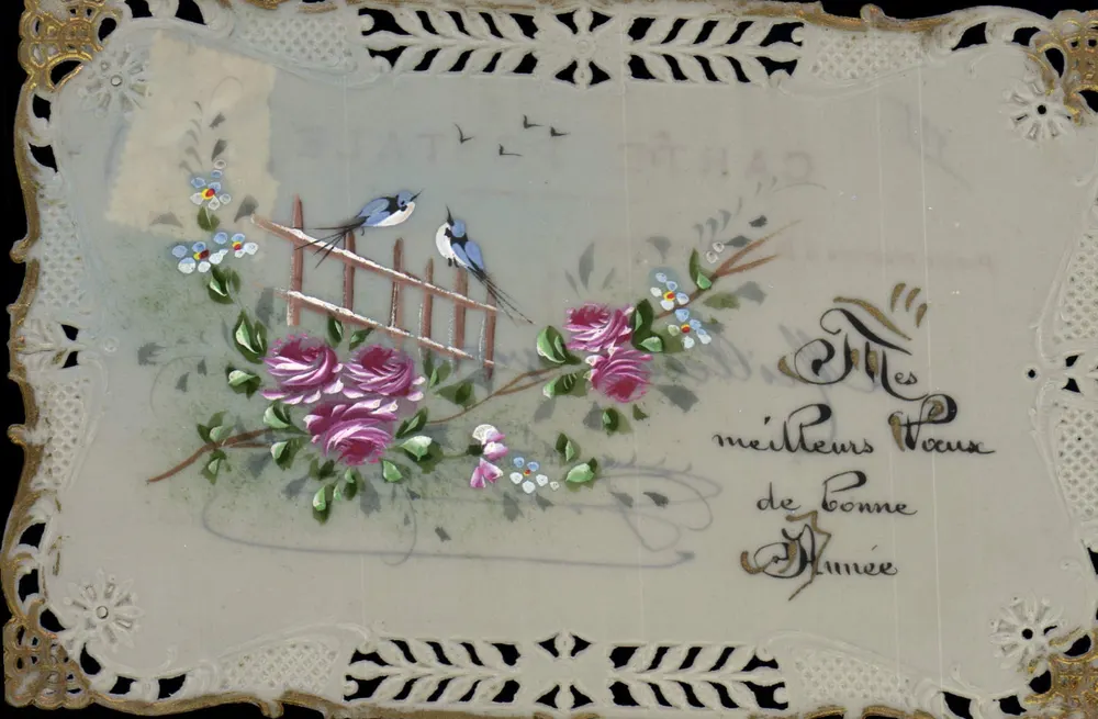 Carta postal decorativa — pássaros e rosas — editor desconhecido, número de série não visível - Frente