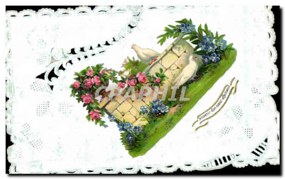 Pombas e Flores — Lembrança de um coração afetuoso — Carta postal francesa - Frente
